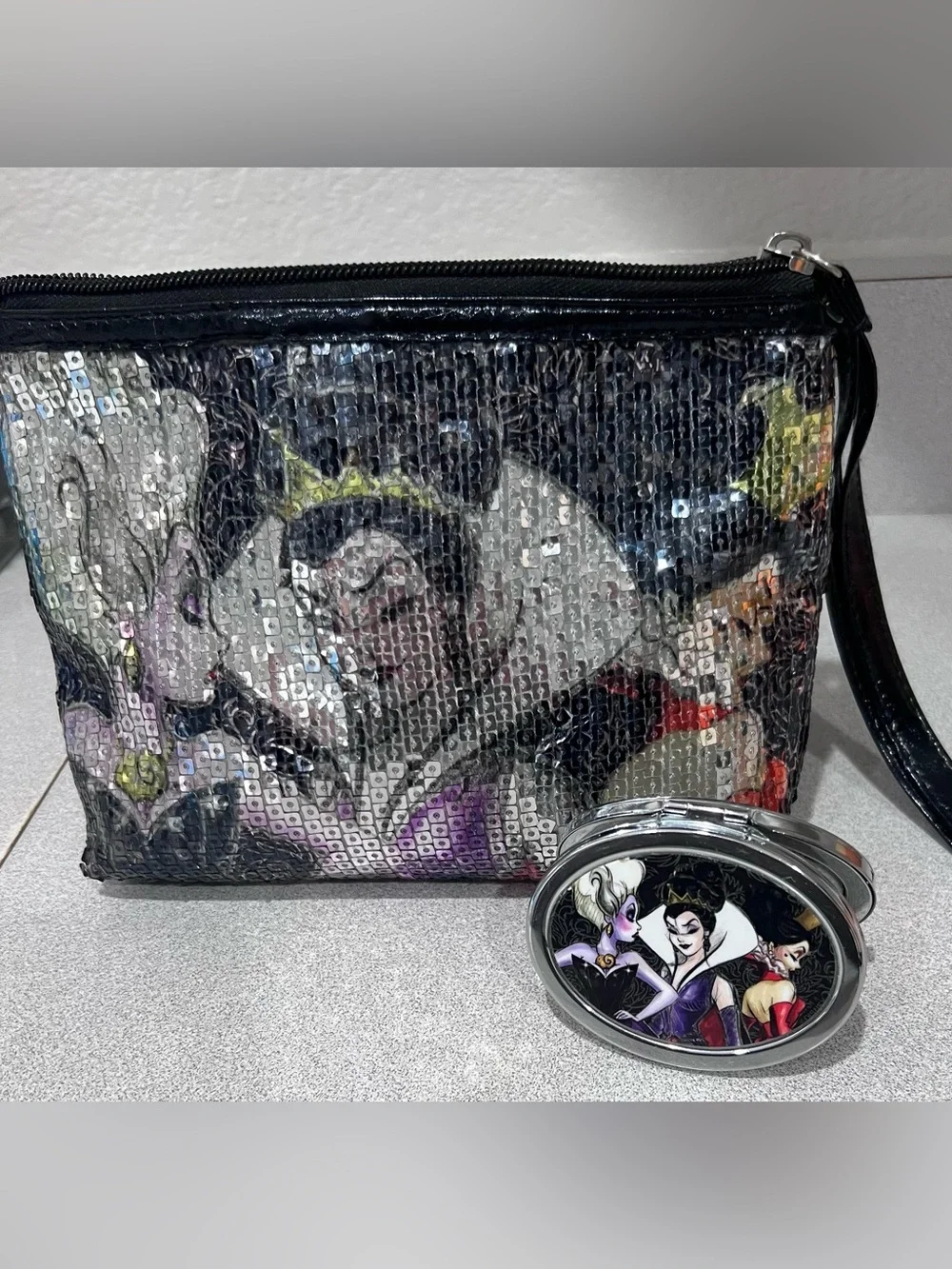 Disney Villains Sequin Cosmetic Bag & Compact Mirror